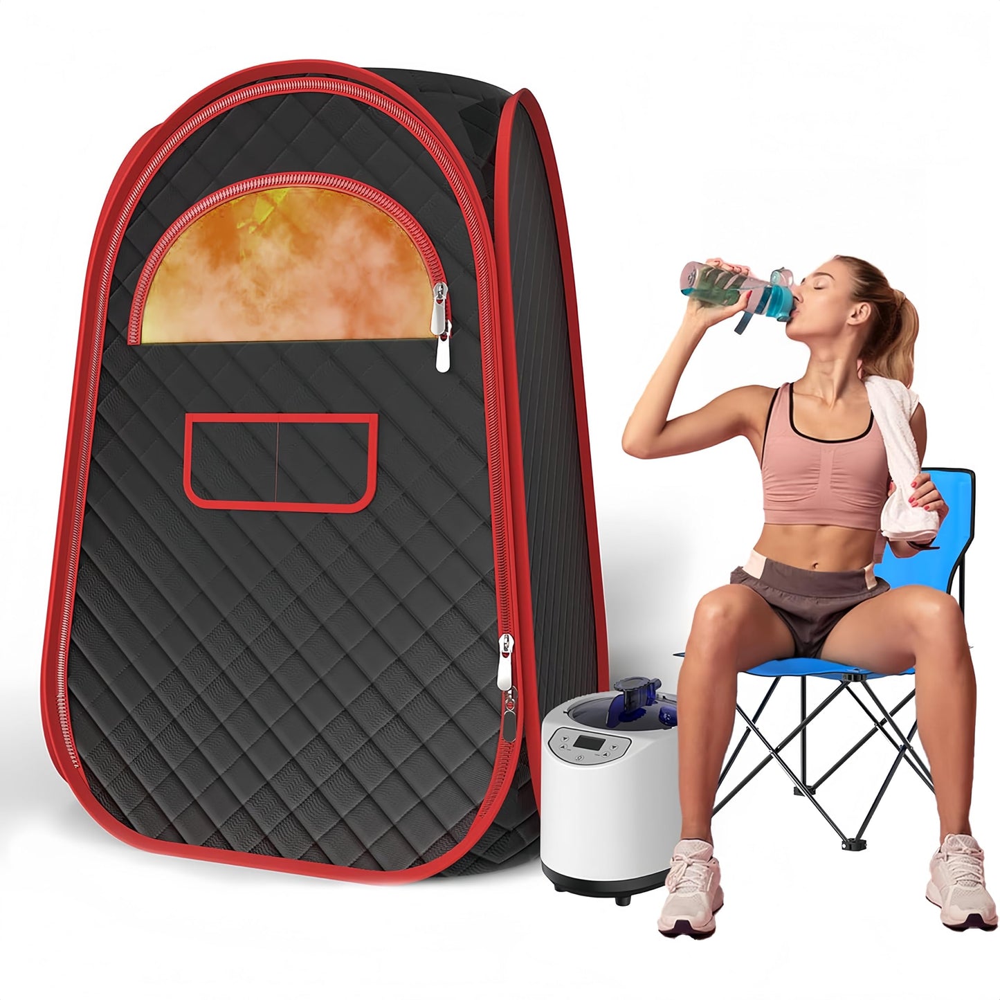 QIOMALA Portable Steam Sauna, Portable Sauna Box for Home, Sauna Tent with 2.6 L Steamer, Folding Chair, Remote Control Included, Sauna Steam Room