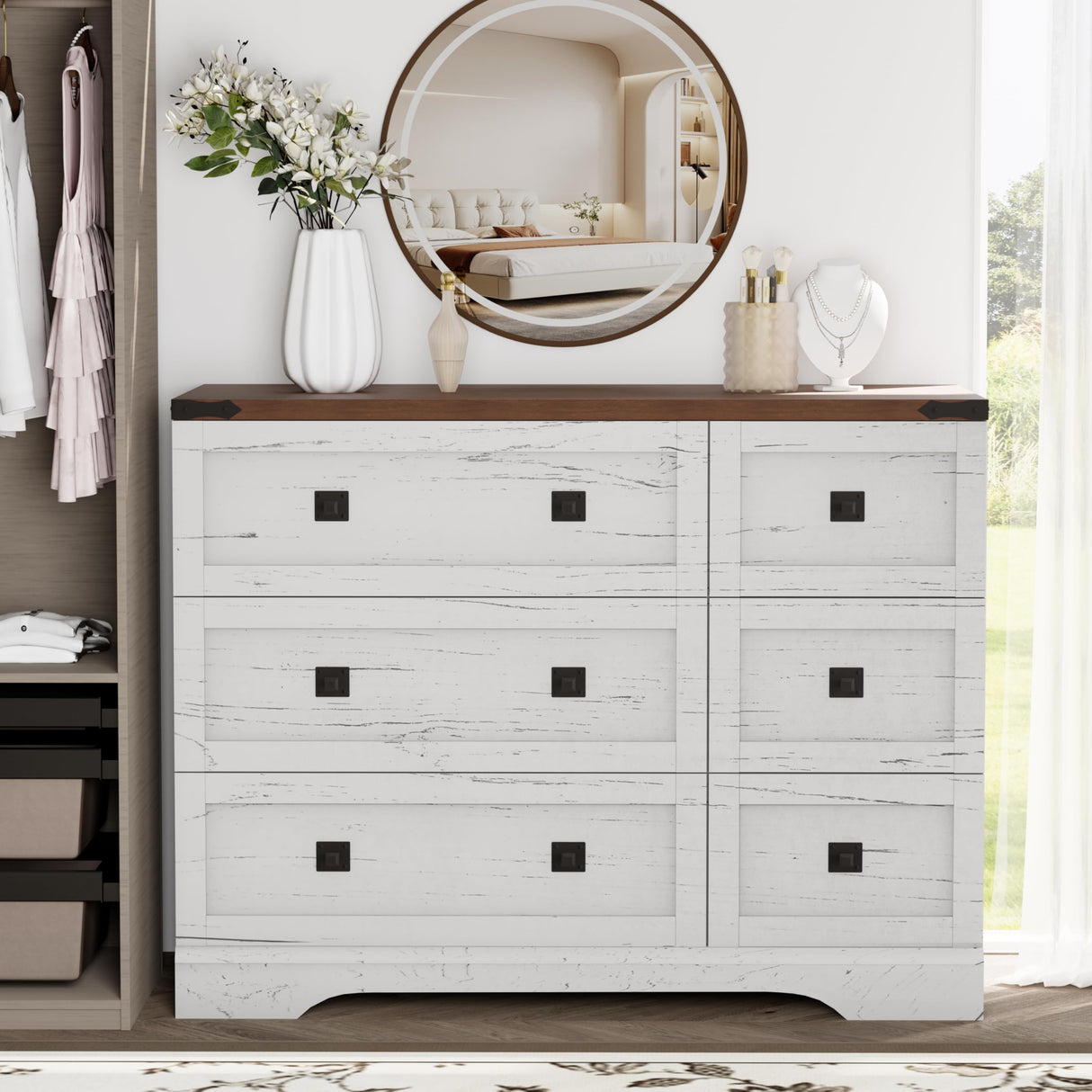 Royal Windsor Farmhouse 6 Drawer Dresser for Bedroom, Chest of Drawers Dresser for Closet, Clothes Organizers and Storage with Spacious Tabletop, Wooden Dressers for Living Room, White Royal Windsor