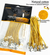 Nuozme 50 Pcs 6" Natural Candle Wicks,Pre-Waxed by 100% Beeswax & Tabbed with 60Pcs Candle Wick Stickers and 5 Pcs Wooden Candle Wick Centering Device, for Candle Making，Candle DIY Nuozme