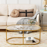 Coffee Table Gold Glass Coffee Tables for Living Room, Oval Table Center Table with Sturdy Metal Frame,Modern Tempered Glass Accent Tables for Bedroom Home Office Wolawu