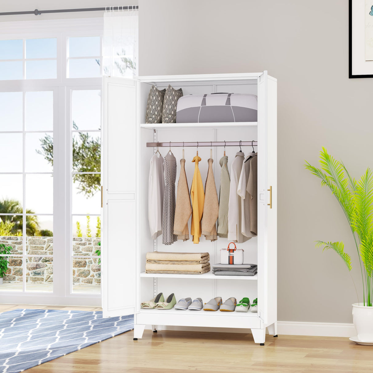 GAIOUS Metal Wardrobe Cabinet with Hanging Rod, 71" Metal Clothing Storage Cabinets with 2 Doors and Adjustable Shelves, White Armoire Wardrobe Closet for Bedroom, Laundry Room, Cloak Room GAIOUS