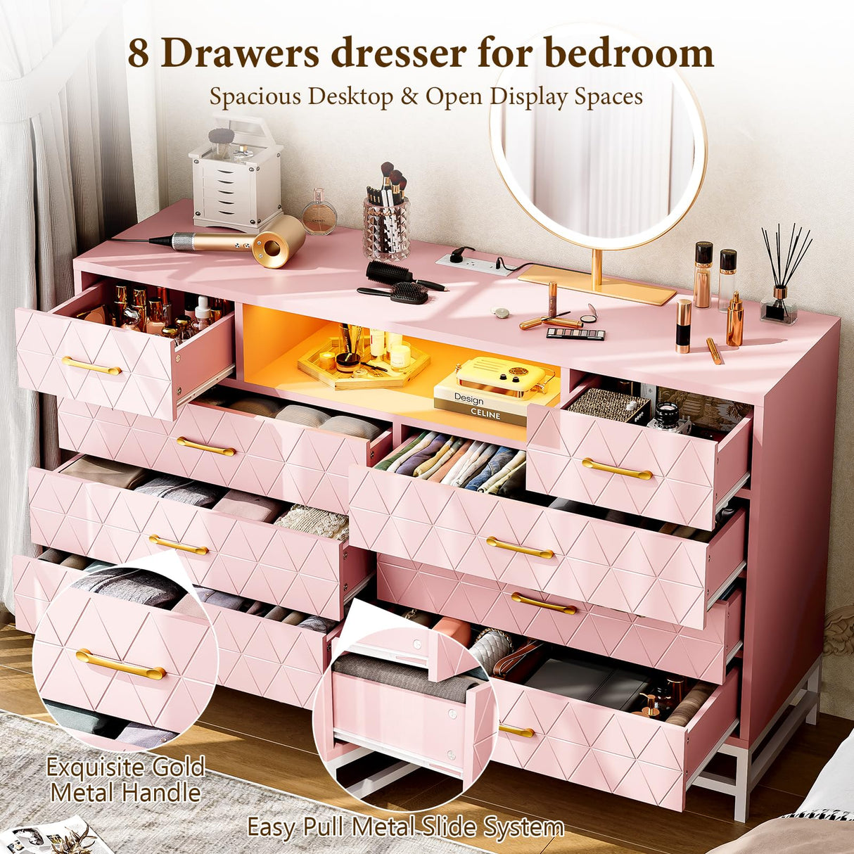 GAOMON Bedroom Dresser with 8 Large Storage Drawers, Wood Pink Dresser with LED Lights & Charging Station, TV Stand Dresser & Chests of Drawers for Closet, Hallway, Entryway GAOMON
