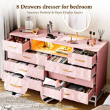 Patikuin Pink Dresser Bedroom with 8 Large Drawer, Tv Stand Dressers with Led Light and Power Outlet, Wood Dresser Drawer Organizers with Deep Drawers, Modern Dresser for Bedroom, Closet, Hallway, Patikuin