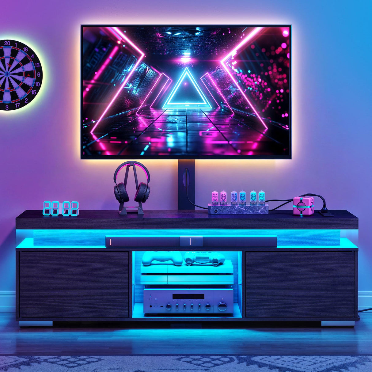 YITAHOME Black TV Stand for Living Room with Height Adjustable Mount, Entertainment Center for 70/65 Inch TVs w/LED Lighting, 4 Power Outlets & USB Ports, Modern Media Console with Storage Shelves YITAHOME