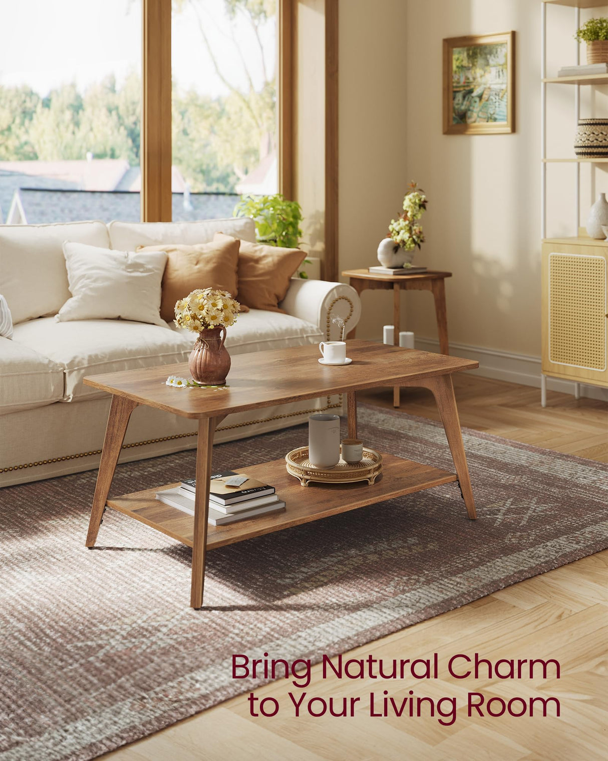 VASAGLE MAEZO Collection - Coffee Table, 2-Tier Center Table with Storage, Tapered Legs, Curved Transitions, 21.7 x 39.4 x 17.7 Inches, Easy to Assemble, for Living Room, Honey Brown ULCT249K01 VASAGLE