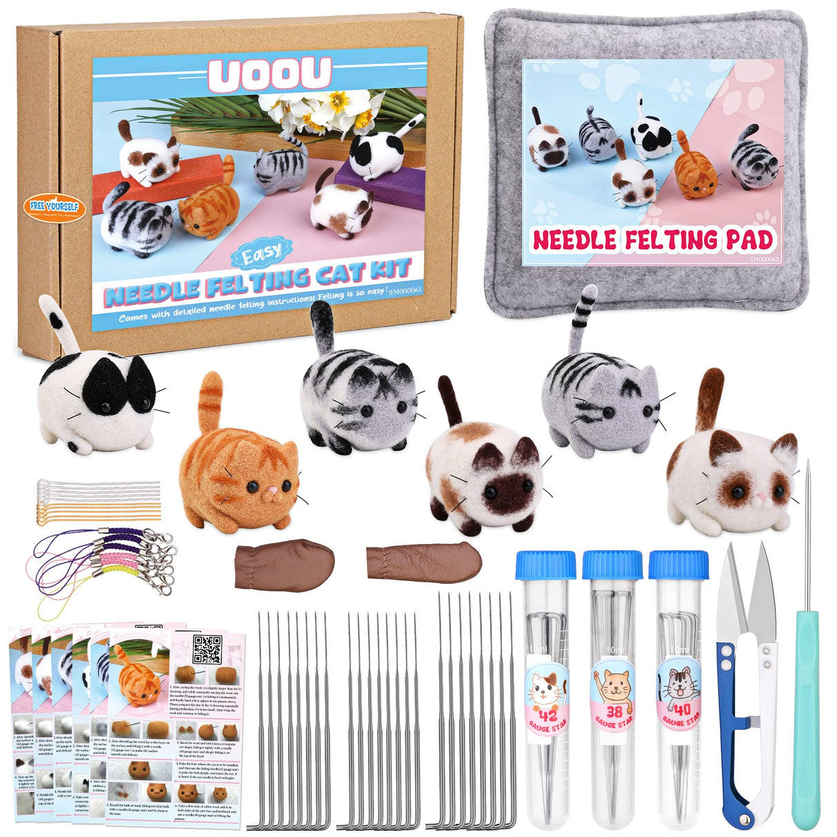 UOOU Needle Felting Beginners Kit with Box,Needles Felting Supplies with 24Pcs Felting Needles,Felting Pad,Wool Roving,DIY Needle Felting Cat Dolls UOOU
