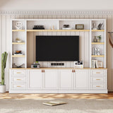 LUMISOL Farmhouse 4-Piece Entertainment Center Wall Unit for TVs up to 75", Large TV Stand with Bookshelves, 6 Drawers & Adjustable Shelves, Rustic Large Media Console for Living Room, White LUMISOL