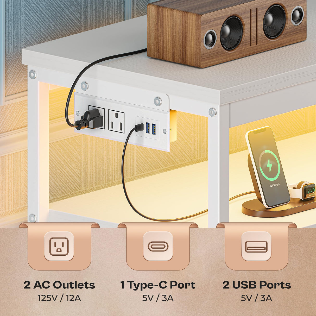 Huuger LED TV Stand for Bedroom, 47 Inch Dresser with Power Outlets, Entertainment Center for 55, 50, 43 Inch TV, 6 Drawer Dresser for Bedroom, Chest of Drawers with Open Shlef, PU Leather, White Huuger