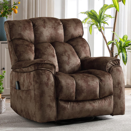 INZOY Oversized Rocker Recliner with Heat and Vibration, Manual Swivel Rocking Chair with Vibrating Massage, Comfy Padded Overstuffed Soft Fabric Heated Recliner, Brown INZOY