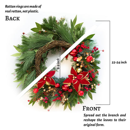 ArcadiaArt Prelit Christmas Wreaths for Front Door- 24 Inch Outdoor Christmas Door Wreath with Lights, Lighted Xmas Wreath with Poinsettia Flowers,Red Berries,Golden Ball- Home Christmas Decorations