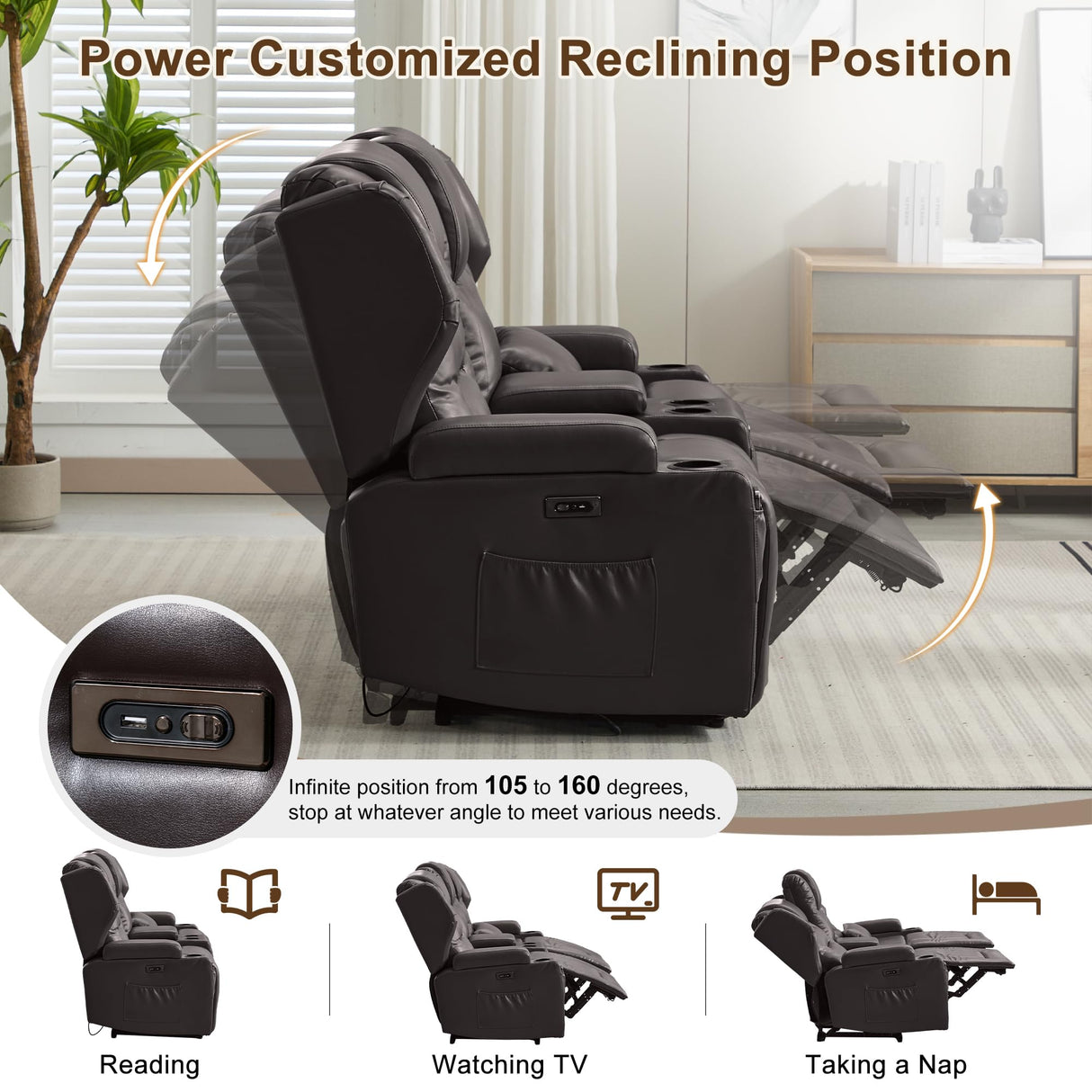 DRMBOOK RV Power Loveseat Recliner Sofa, Faux Leather 3-Seater Wall Hugger Reclining Sofa, Home Theater Seating Chair with Cup Holders, 3 Person Couch RV Furniture for Living Room, Brown DRMBOOK