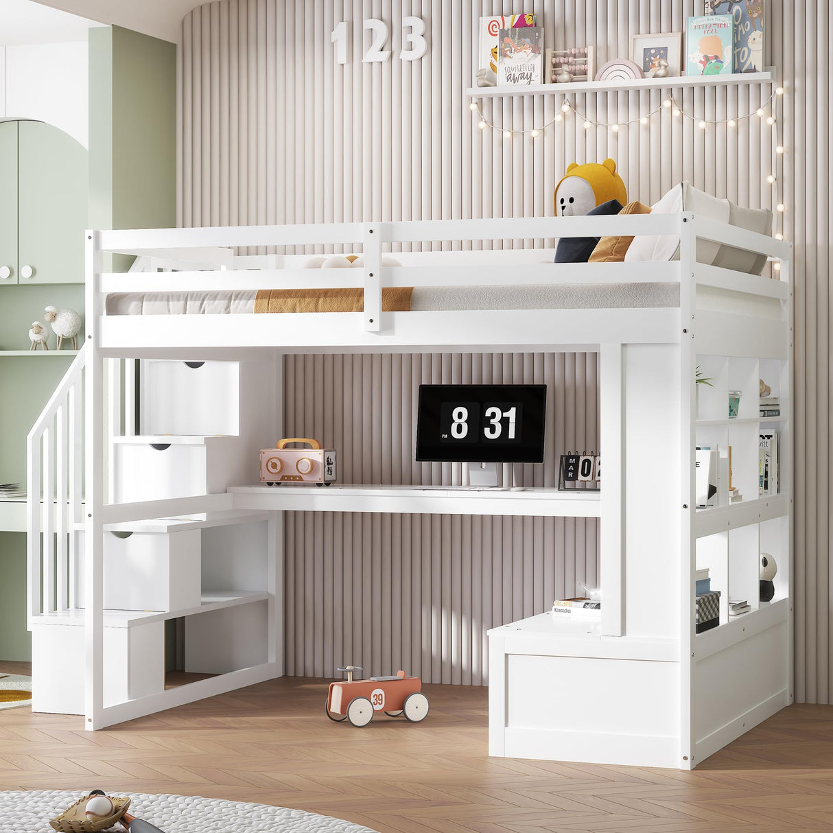 Full Size Loft Bed with Stairs and Desk, Wood Loft Beds Frame with Storage Drawers and Bookcase Shelves for Adults Teens Kids, White Bellemave