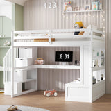 Full Size Loft Bed with Stairs and Desk, Wood Loft Beds Frame with Storage Drawers and Bookcase Shelves for Adults Teens Kids, White Bellemave