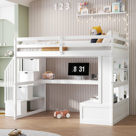 Full Size Loft Bed with Stairs and Desk, Wood Loft Beds Frame with Storage Drawers and Bookcase Shelves for Adults Teens Kids, White Bellemave