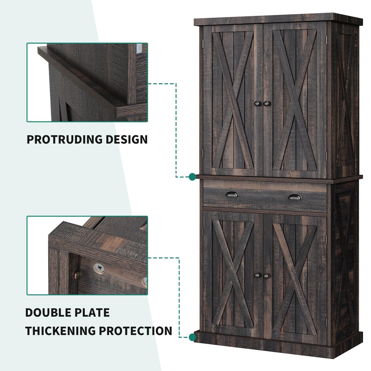 YITAHOME 72'' Tall Kitchen Pantry Cabinets, Farmhouse Storage Cabinets with Barn Doors, Drawer ＆ Adjustable Shelves, Rustic Wood Cupboard for Dining Room, Living Room, Gray Rustic YITAHOME