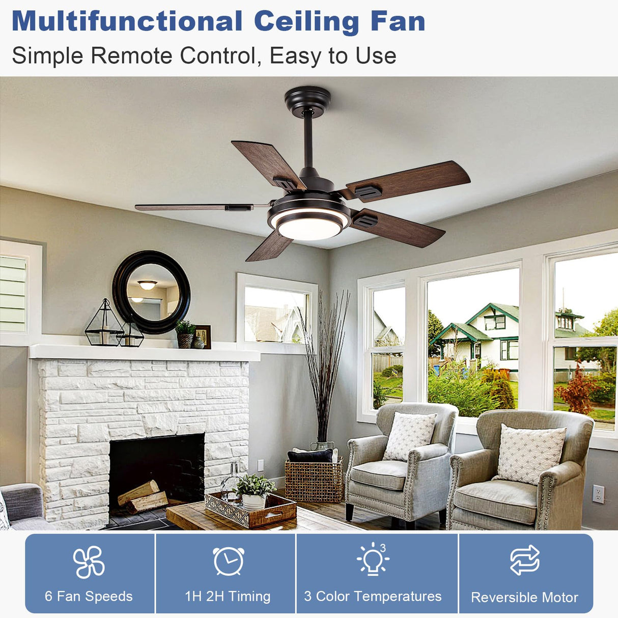 Depuley 42-Inch Ceiling Fan with Light: Walnut Ceiling Fans with 5 Blades Dual Finish Reversible - Farmhouse Ceiling Fan with Remote Control for Living Room Outdoor Patios Depuley