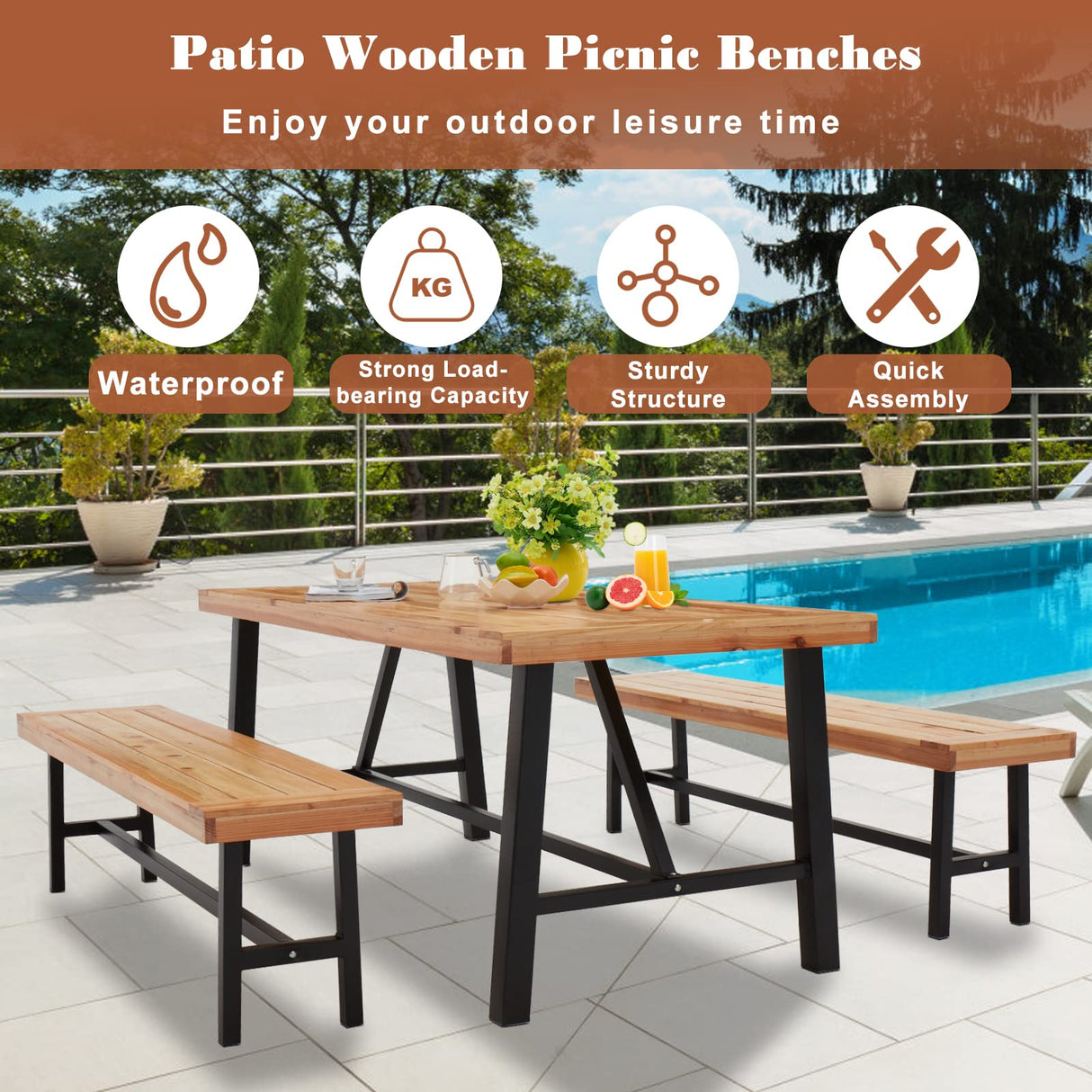 AVAWING Outdoor Dining Bench Set of 2, Wood Patio Backless Bench 63" Picnic Chairs, Wooden Farmhouse Bench for 6 People, Long Garden Park Porch Backyard Deck, Natural AVAWING