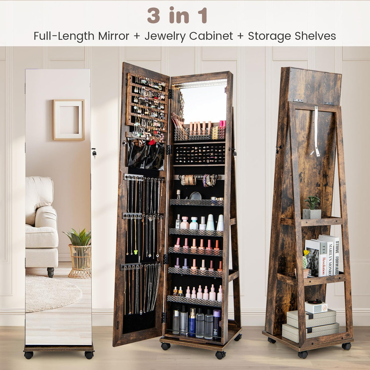 Byroce 360° Rotating Jewelry Armoire with Wheels, Lockable Jewelry Organizer W/ 3-Color LED Lights, Adjustable Shelves & Rear Storage, 64’’H Full Length Mirror Jewelry Cabinet Standing (Rustic Brown) Byroce