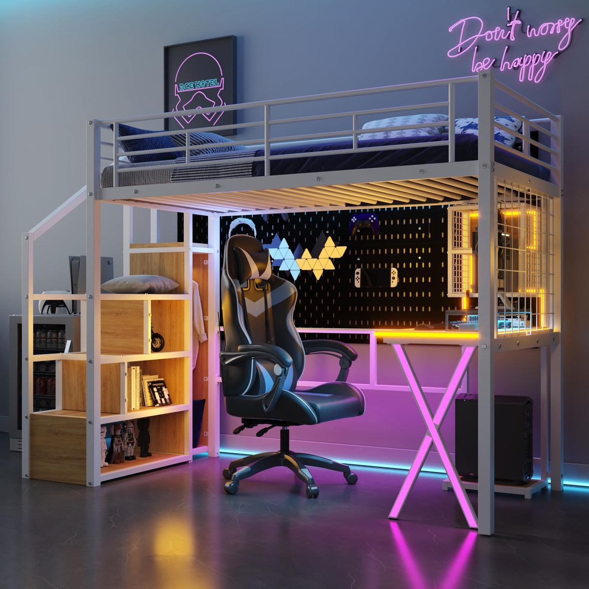 RuiSiSi Metal Twin Loft Bed with Staircase, Heavy Duty Metal Loft Bed Frame with Desk and LED Lights, White RuiSiSi