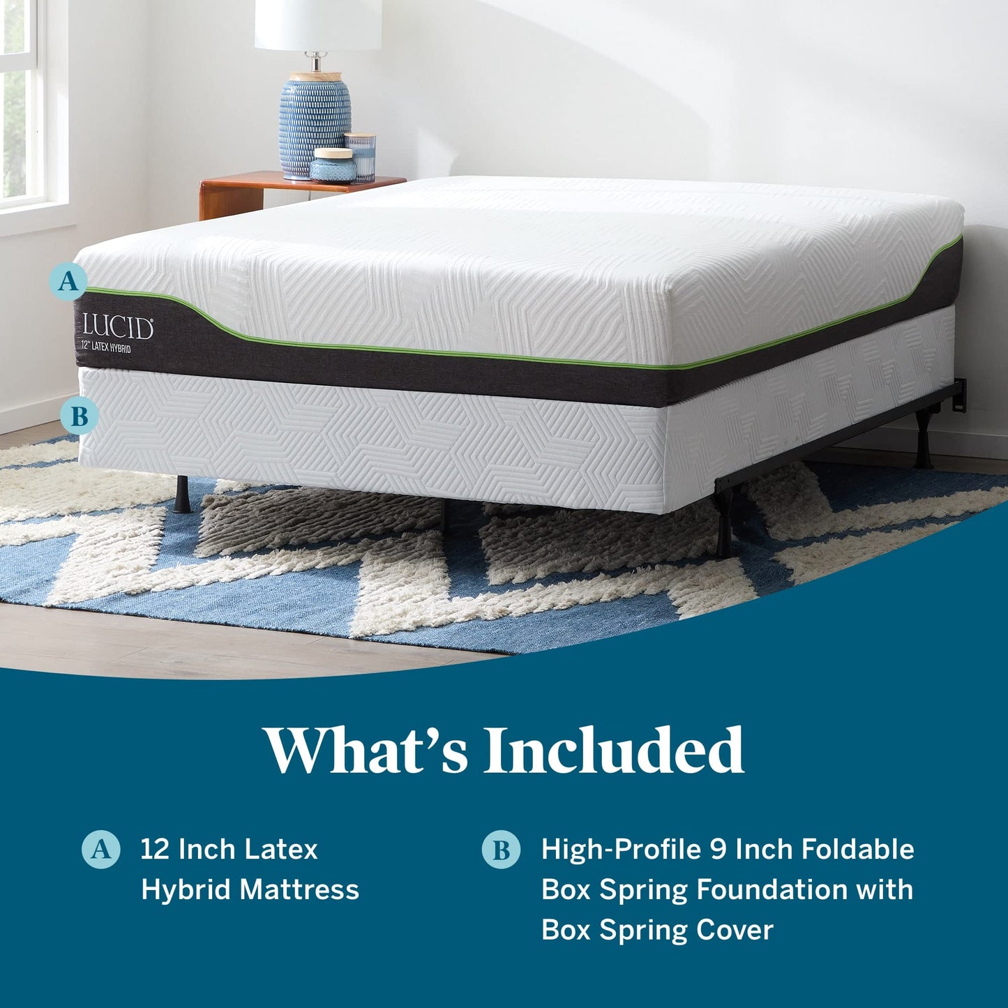 LUCID 12 Inch Latex Hybrid Mattress and High-Profile 9 Inch Steel Foldable Twin Box Spring Foundation with Center Support Bolts