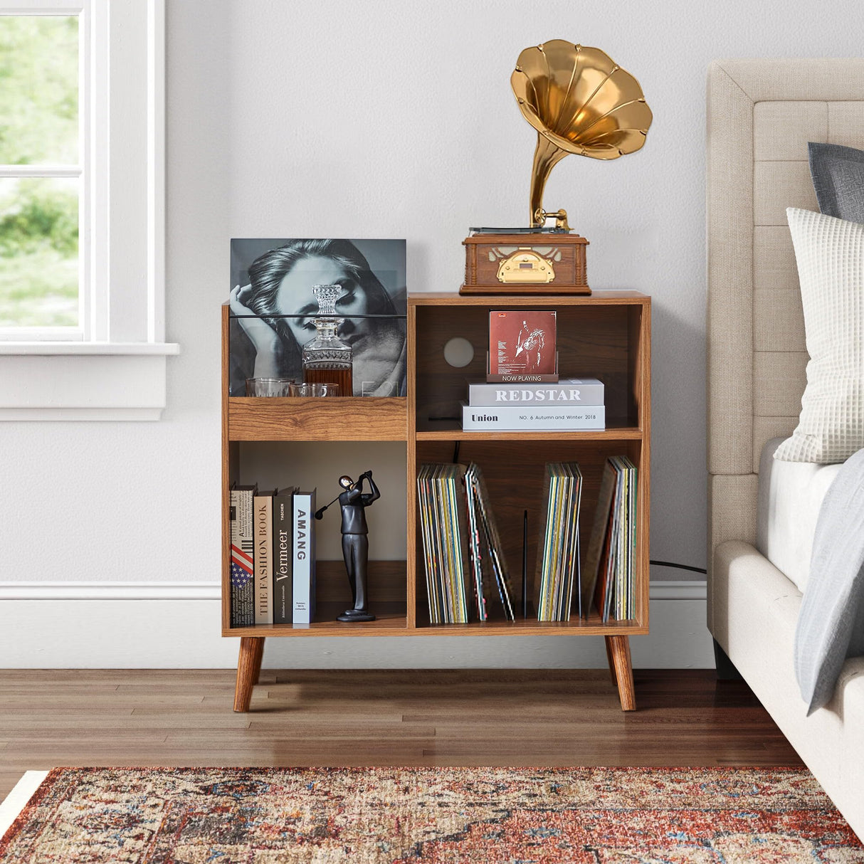 affeivul Mid-Century Vinyl Storage Cabinet Table with Solid Wood Legs, Turntable Stand with Power Outlet Holds up to 200 Albums, Record Player Holder Display Shelf, End Table for Bedroom Living Room affeivul