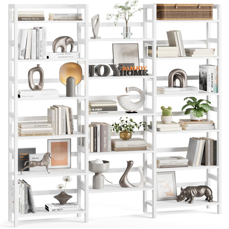 Bamjoy Bamboo Bookshelf, Triple 6-Tier White Bookshelf, Large Bookcase with 17 Open Display Shelves, Tall Book Shelf Storage Rack for Home Office, 71.5” H Bamjoy