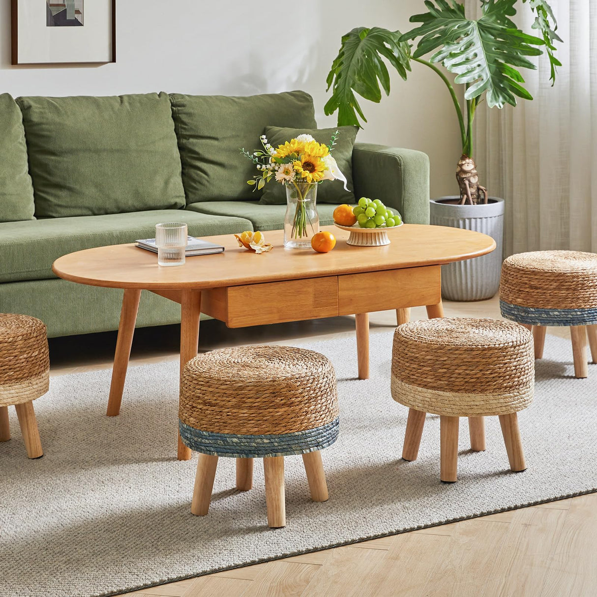 YMYNY Foot Stool Natural Seagrass Hand Weave, 12.6" Small Ottoman, Round Footrest for Living Room, Bedroom, Entryway, Change Shoes Stool, Non-Skid Wood Legs, Boho, Natural+White, UHBD027W YMYNY