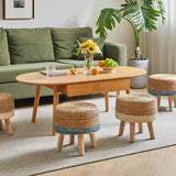 YMYNY Foot Stool Natural Seagrass Hand Weave, 12.6" Small Ottoman, Round Footrest for Living Room, Bedroom, Entryway, Change Shoes Stool, Non-Skid Wood Legs, Boho, Natural+White, UHBD027W YMYNY