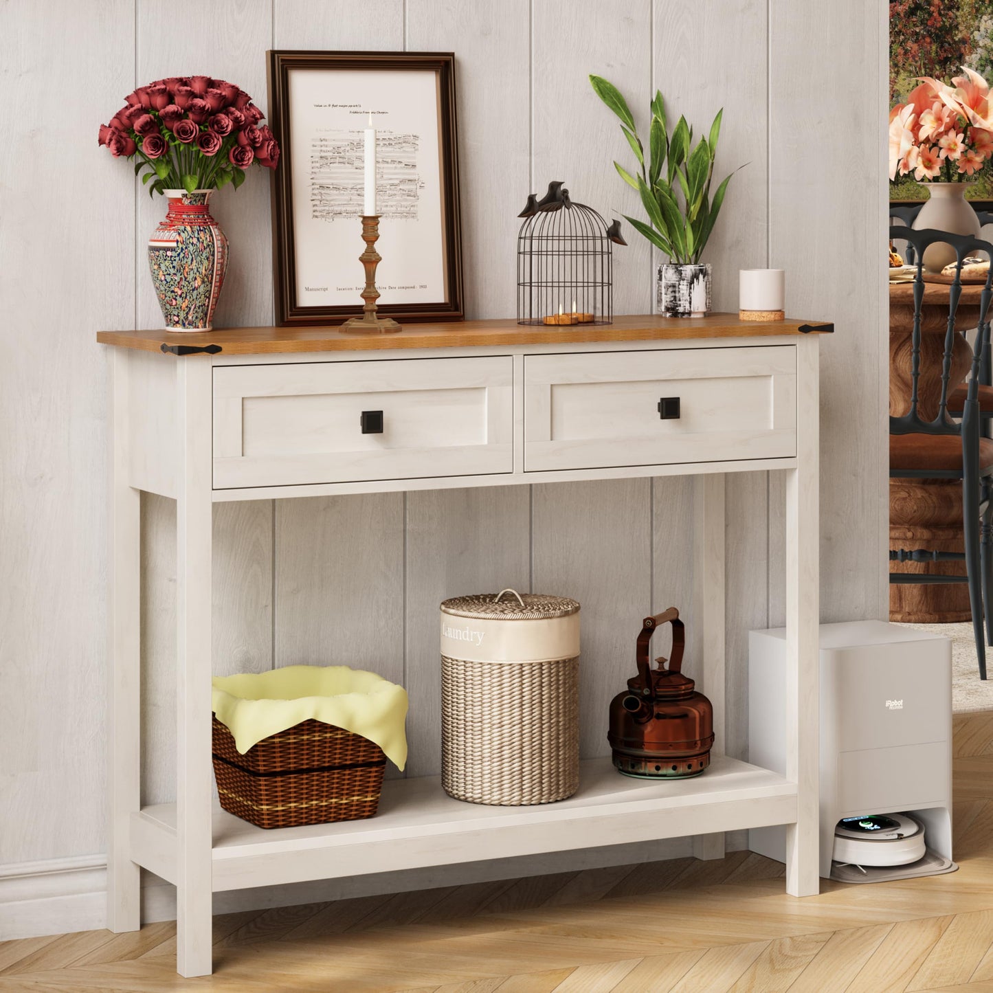 Trironsun Farmhouse Console Table with 2 Drawer for Entryway Rustic Sofa Table with Open Storage Shelf Hallway Table with Wooden Frame for Bedroom Living Room