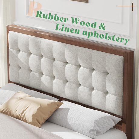 AMERLIFE Queen Size Solid Wood Bed Frame with Tall Tufted Headboard, Mid-Century Style, No Box Spring Required, Easy Assembly, Walnut AMERLIFE