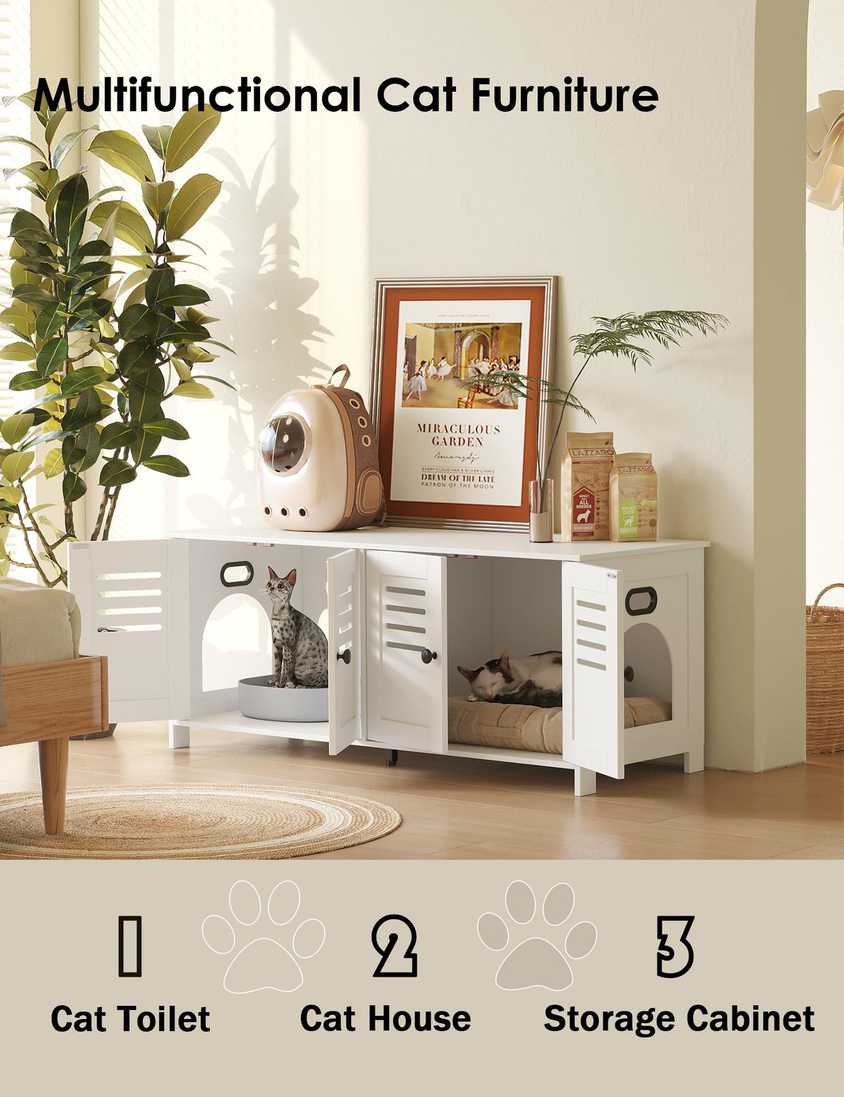 DINZI LVJ Litter Box Enclosure for 2 Cats, Hidden Litter Box Furniture with Double Rooms, Dual Cat Litter House, Front Doors, 47.2" Wooden Hidden Cat Washroom, Side End Table, TV Stand, White DINZI LVJ