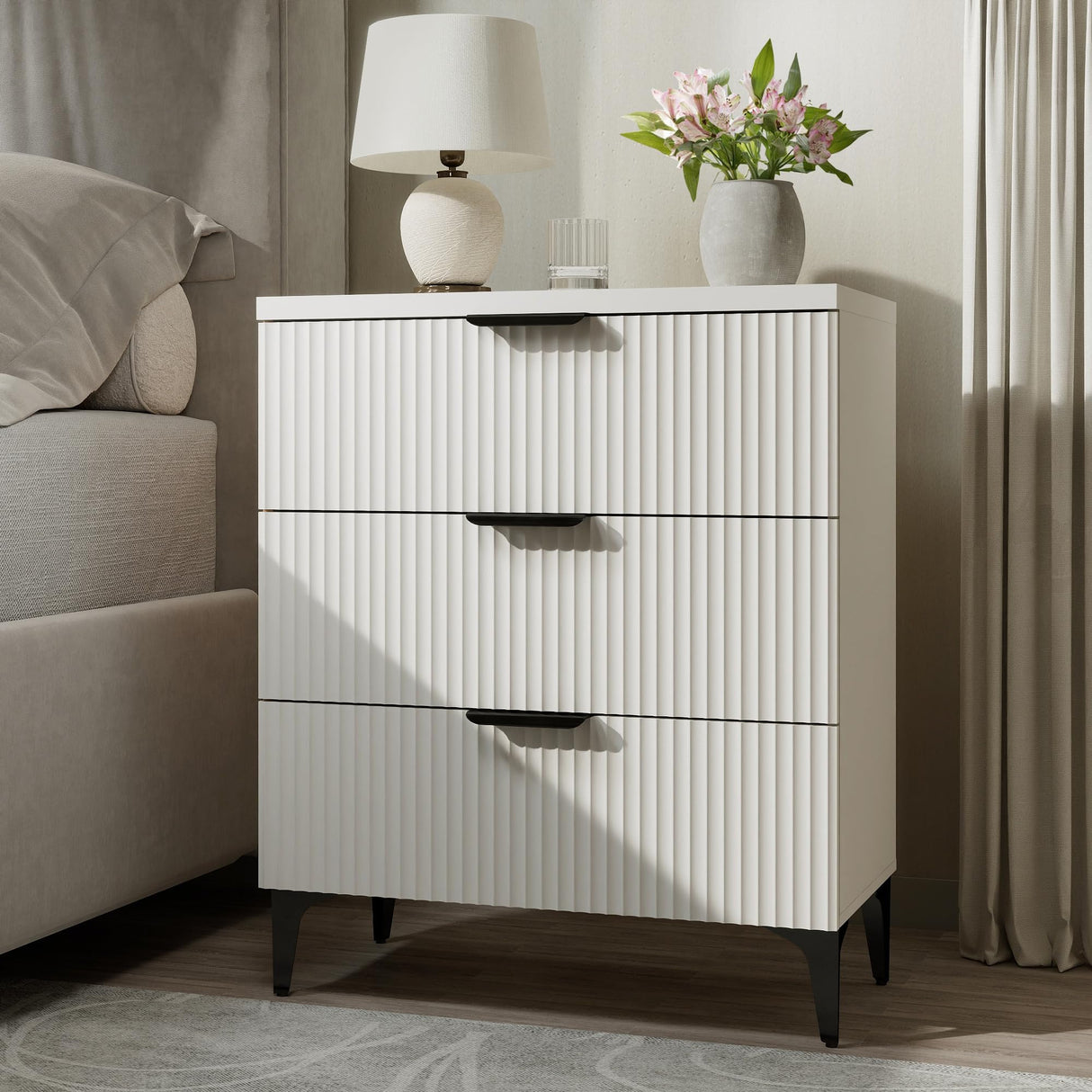 GRAINLLE Wood Night Stand Set Fluted Dresser for Bedroom 3 Drawers End Tables Nightstand, Storage Modern Side Table Natural White Bedside Table GRAINLLE