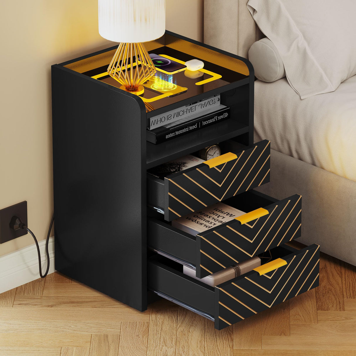 YITAHOME LED Nightstand with Wireless Charging Station & USB Ports, Night Stands with 3 Drawers for Bedroom, Modern Bedside Tables with Touch LED Light, Black YITAHOME
