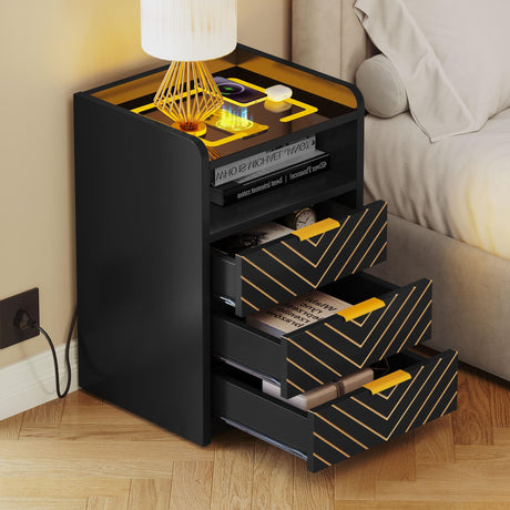 YITAHOME LED Nightstand with Wireless Charging Station & USB Ports, Night Stands with 3 Drawers for Bedroom, Modern Bedside Tables with Touch LED Light, Black YITAHOME