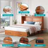 BALUS Queen Murphy Bed, Cabinet Bed with Built-in USB Ports & 2Storage Drawers, Space-Saving Modern Murphy Beds Cabinet Guest Beds with Tri-fold Mattress for Office, Easily Convertible - Cherry BALUS