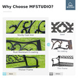 MFSTUDIO 50 Inches Outdoor Garden Bench, Cast Iron Metal Frame Patio Park Bench with Floral Pattern Backrest, Arch Legs for Porch Lawn Garden Yard(Black) MFSTUDIO