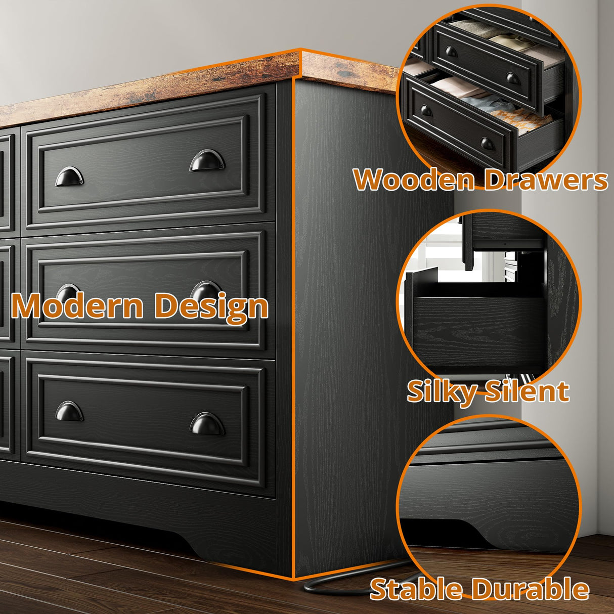 LIKIMIO 59" 6 Drawers Dresser for Bedroom, Power Strip, Farmhouse Large Wood Dressers & Chest of Drawers with Wide Storage Cabinet, Rustic Brown & Black LIKIMIO