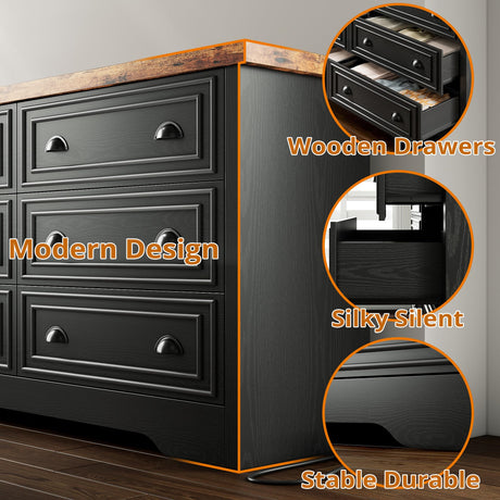 LIKIMIO 59" 6 Drawers Dresser for Bedroom, Power Strip, Farmhouse Large Wood Dressers & Chest of Drawers with Wide Storage Cabinet, Rustic Brown & Black LIKIMIO