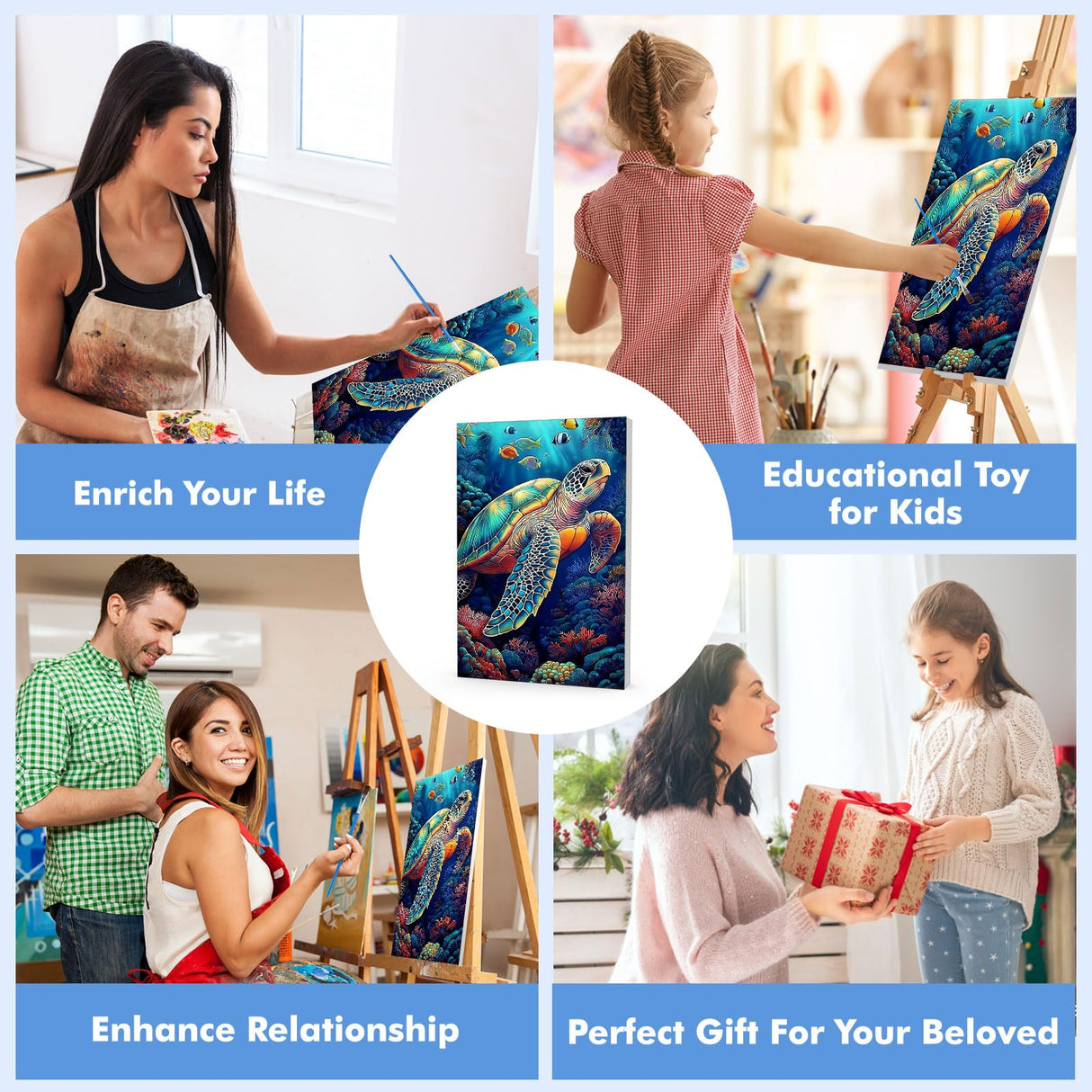 Bowetile Framed Paint by Numbers Sea Turtle for Adults Beginners, Adults' Paint-by-Number Kits, Easy Adult Paint by Number Kits on Canvas, Acrylic Animals Number Painting for Home Decor, 8x12in Bowetile