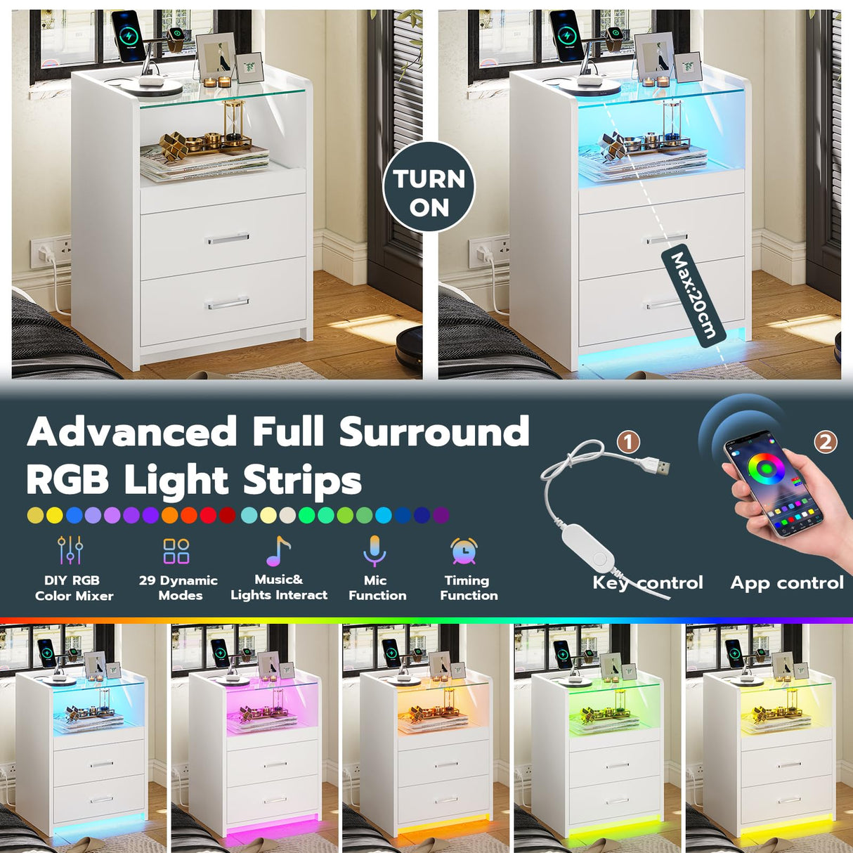 VIAGDO White Nightstand with Charging Station and LED Lights, 2 Drawers LED Night Stand with Tempered Glass Tabletop, Modern End Side Tables with Pull-Out Tray, Open Storage Bedside Tables VIAGDO