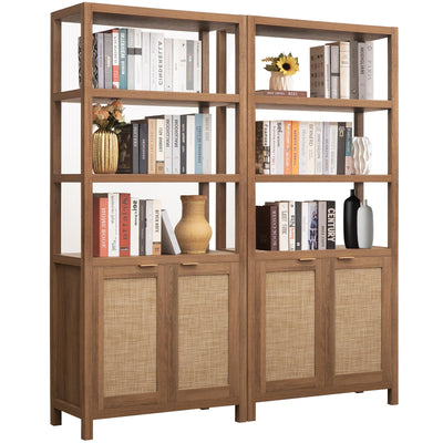 SICOTAS 5-Tier Rattan Boho Bookshelf with Doors - Tall Farmhouse Storage Bookcase in Reclaimed Caramel Oak