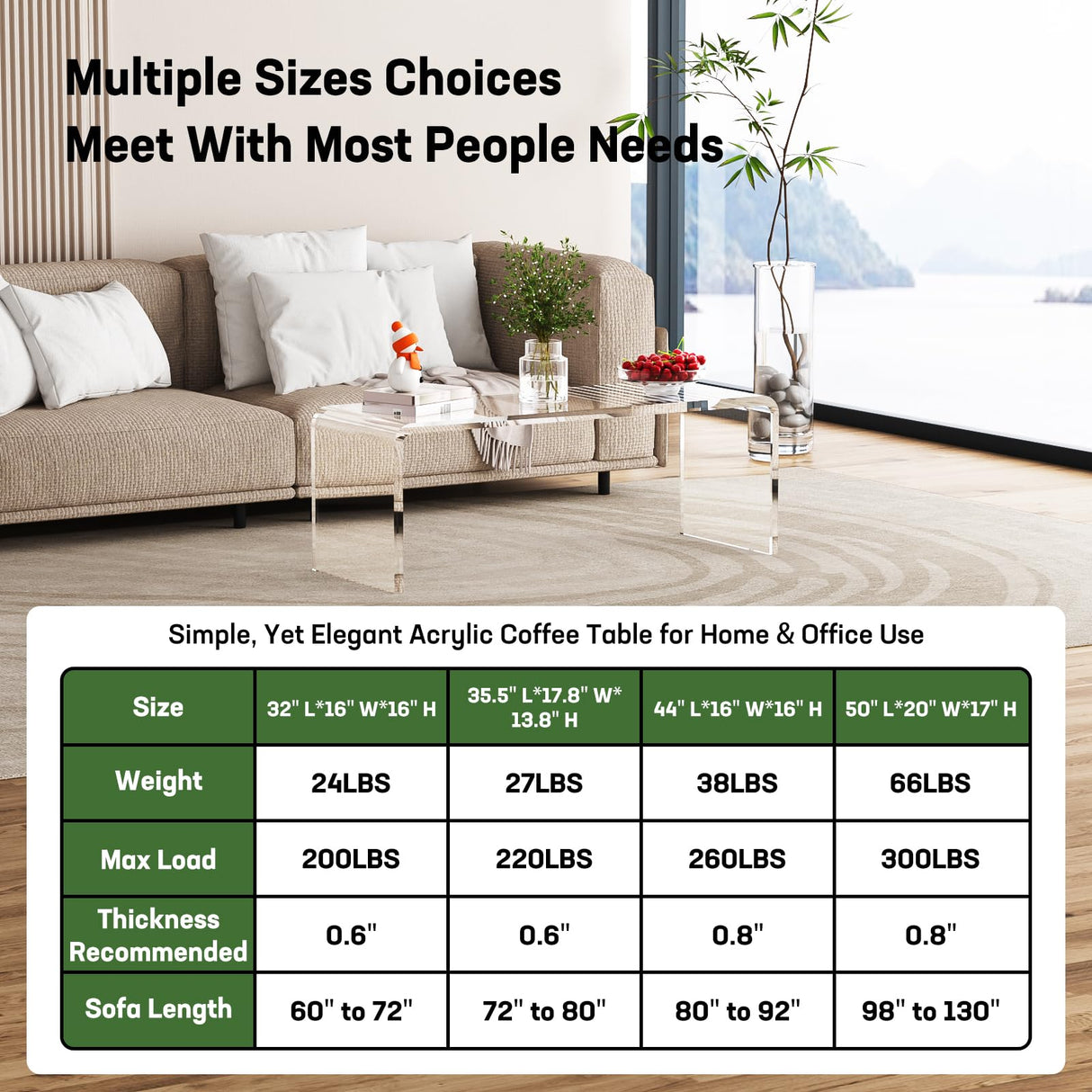 VDGPWA Premium Acrylic Coffee Table, 32" L*16" W *16" H, 3/5" Thick Clear Coffee Table for Living Room, Rectangle Lucite Coffee Table Modern Waterfall Coffee Table Acrylic Furniture VDGPWA