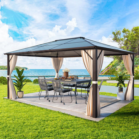 YOLENY 10'x12' Hardtop Gazebo, Outdoor Polycarbonate Roof Canopy, Aluminum Frame Permanent Pavilion with Curtains and Netting, Sunshade for Garden, Patio, Lawns YOLENY