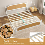 Rattan Queen Bed Frame, Queen Size Platform Bed Frame with Natural Headboard and Footboard, Boho and Mid Century Style, Solid Pine Wood, No Box Spring Needed, Easy Assembly, Antique White/Walnut WATHPUR