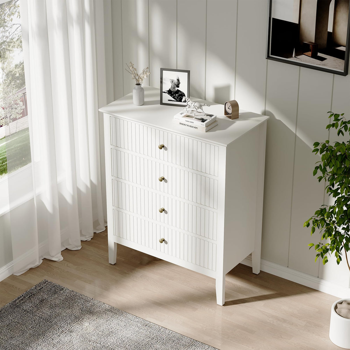 RoyalCraft White Fluted 4 Drawer Dresser for Bedroom, Modern Chest of Drawers, Wood Dresser for Storage Clothes, Wooden Storage Cabinet Nightstand for Bedroom, Hallway, Living Room, Entryway RoyalCraft