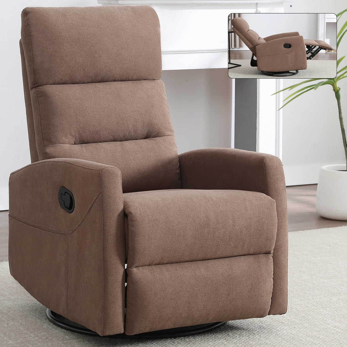 Slim Lazy Boy Recliners for for Adults, Swivel Rocking Chair Recliner with High Back, Small Recliner Chair for Small Spaces, Manual Reclining Chair for Living Room, Adjustable Footrest (Brown) Thctvous
