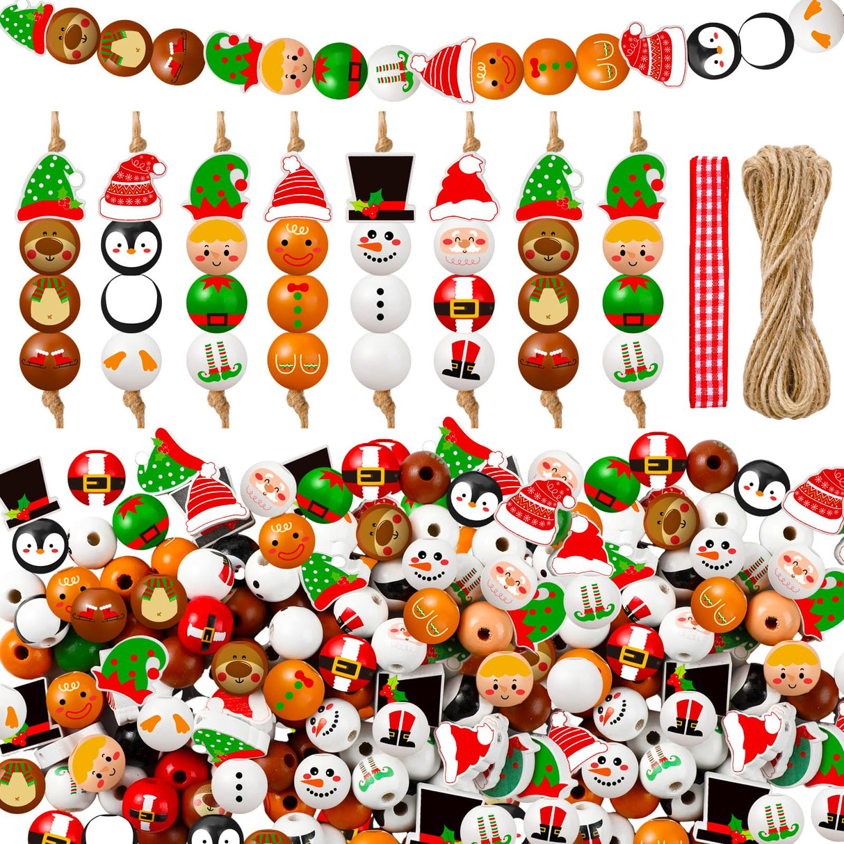 Cinnvoice 240 Pcs Christmas Wood Beads with Twine Santa Gingerbread Man Penguin Snowman Elf Wooden Beads Garland Christmas DIY Crafts Round for Xmas Winter Party Farmhouse Home Decor Cinnvoice