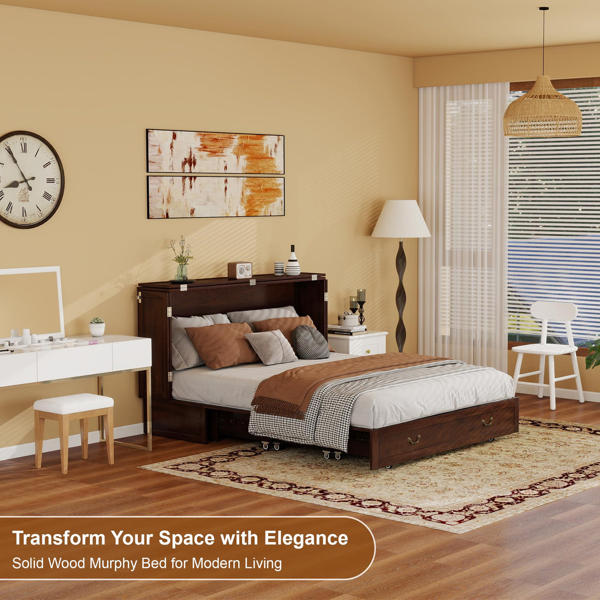 TrendTerrace Solid Wood Murphy Bed Queen: Murphy Chest Queen Deep Brown Red Murphy Bed Cabinet with USB Port, Wall Murphy Chest with Large Drawer for Home/Guest Room (Without Mattress) TrendTerrace