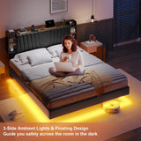 DICTAC California King Floating LED Bed Frame with Storage Headboard and Charging Station in Black and Rustic Finish DICTAC