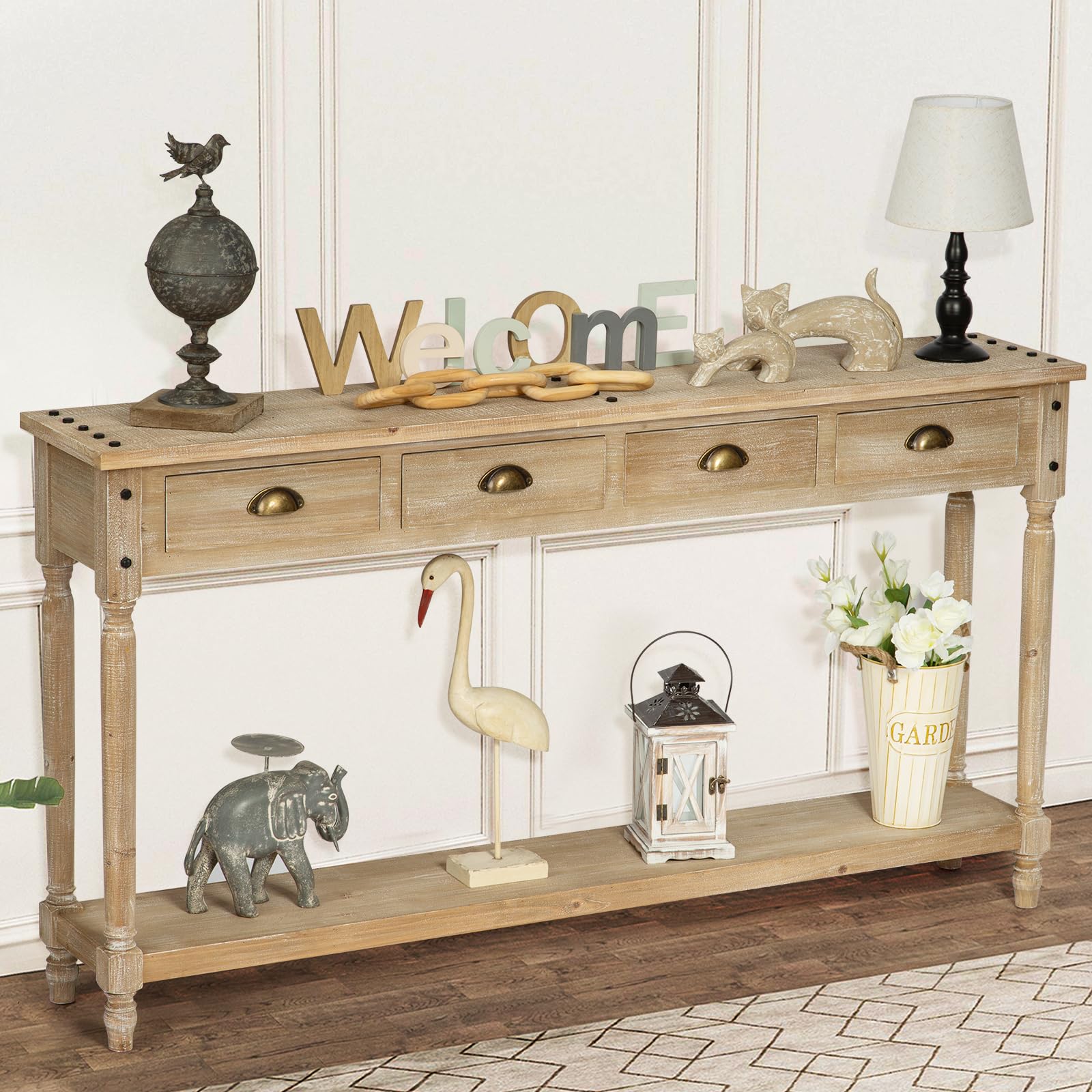 Wnutrees Farmhouse Console Table with 4 Drawers, 60" Long Narrow Boho Sofa Foyer Table with Large Storage Space, Solid Wood Frame and Legs for - WoodArtSupply